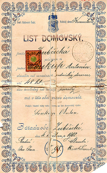 Heimatschein von Anton Soukup für Zubčické